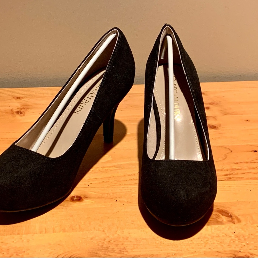 black suede heels, size 6